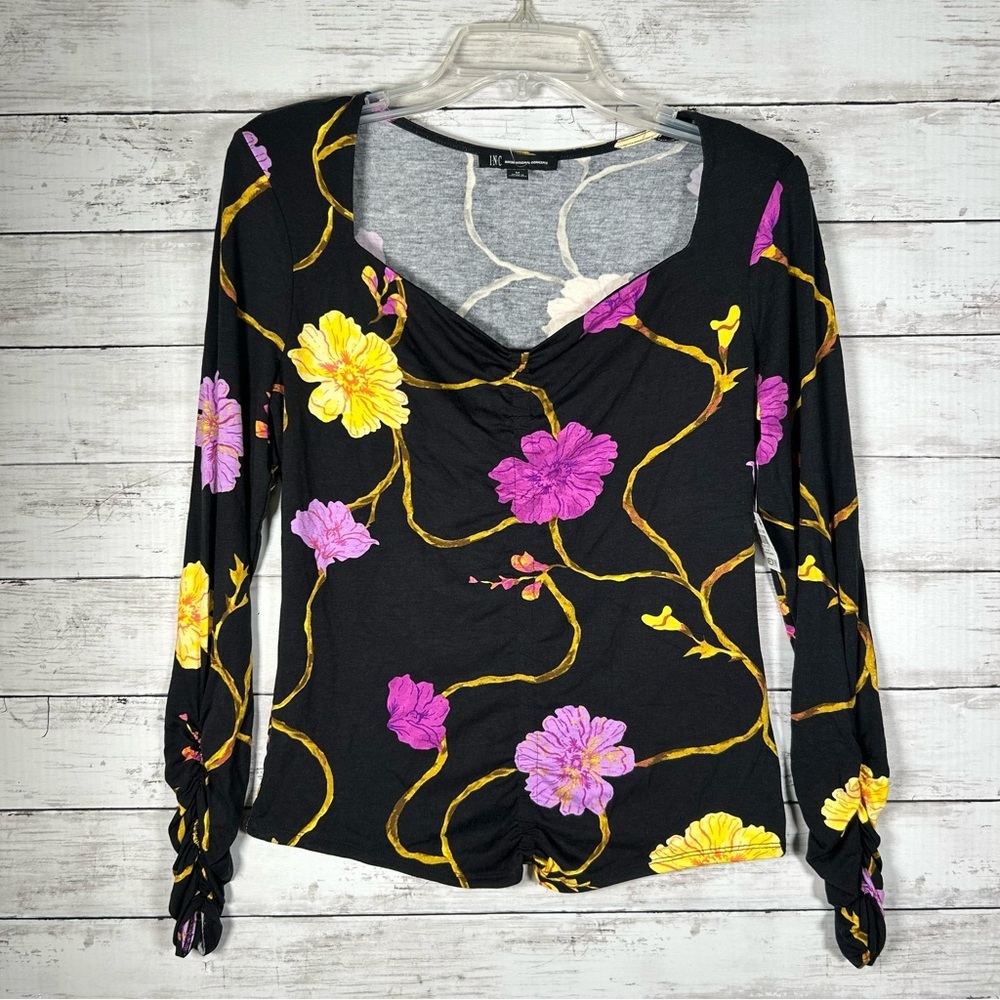 INC International Concepts Neckline Ruched Front and Sleeves T-shirt Black M NWT
